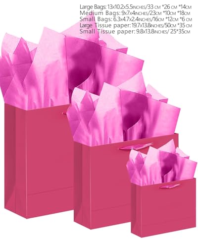 qiqee 24PCS Bright Pink Gift Bags with Tissue Paper - color: Bright Pink, size: Multi Wide/24pcs