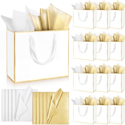 ReliThick 12 Pack Paper Gift Bag with Handles & Tissue, White, Gold - color: White, Gold