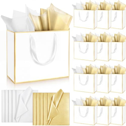ReliThick 12 Pack Paper Gift Bag with Handles & Tissue, White, Gold - color: White, Gold