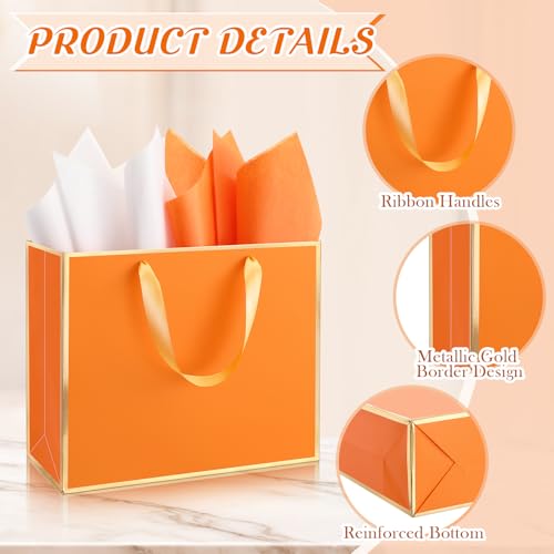 ReliThick 12 Pack Paper Gift Bag with Handles & Tissue, Orange, Gold - color: Orange, Gold