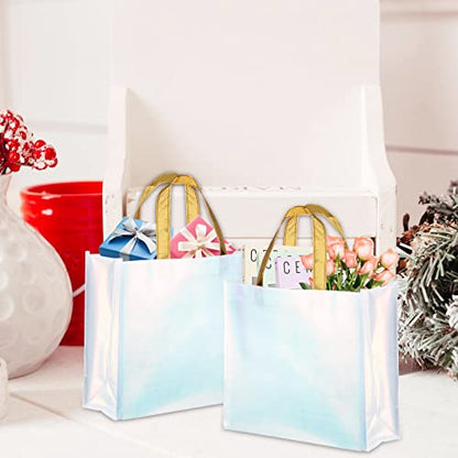 Lyellfe 20 Pieces Glossy Reusable Grocery Bag, Blue Gift Bag with Handle