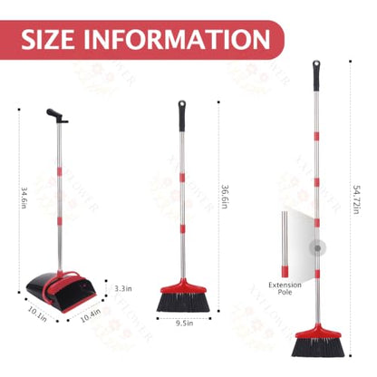 Broom and Dustpan Set,54.72"Long Handle,Standing Dustpan,Black&Red - color: Red Black