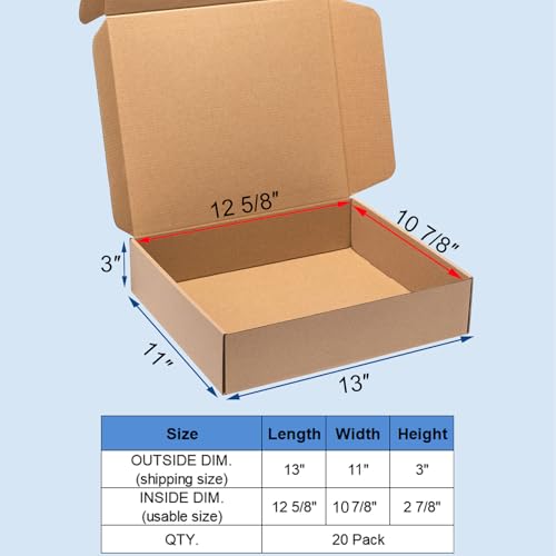 Wowxyz Shipping Boxes 13x11x3 Inches 20 Pack Corrugated Cardboard Mailing Boxes for Small Business, Kraft Medium Literature Mailer Packaging Supplies Brown - size: 13x11x3"