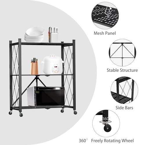 3 Tier Foldable Storage Shelf with Wheels Garage Shelving - color: Black, size: 3 Tier