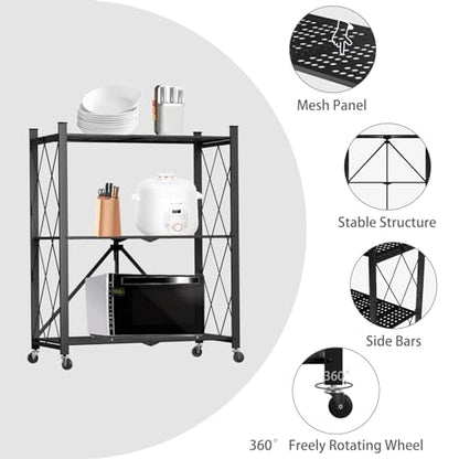 3 Tier Foldable Storage Shelf with Wheels Garage Shelving - color: Black, size: 3 Tier