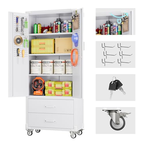 Metal Garage Storage Cabinet with Wheels, 2 Drawers and Pegboard, White - color: White, size: 15.2"D x 30"W x 71.2"H