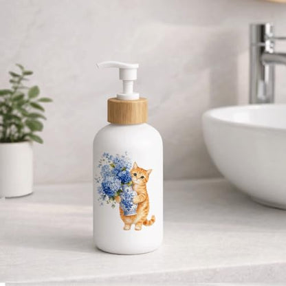 Chinoiserie Hydrangea Cat Glass Soap Dispenser with Pump - color: Hydrangea Cat