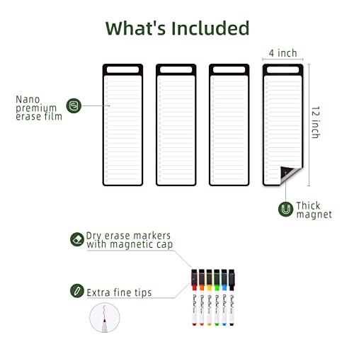 Magnetic Dry Erase List Board - 4"x12" Multifunctional List Board for Fridge - 6 Extra Fine Point Markers Included - Shipped Flat - style: 4-List