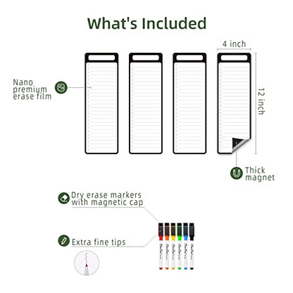 Magnetic Dry Erase List Board - 4"x12" Multifunctional List Board for Fridge - 6 Extra Fine Point Markers Included - Shipped Flat - style: 4-List