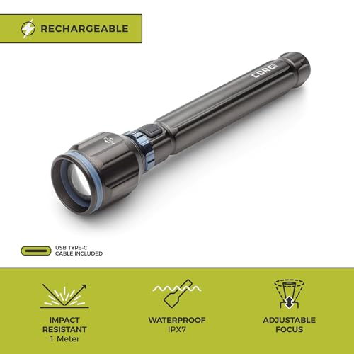 CORE 5000 Lumen Rechargeable Flashlight | LED Flashlight with 4 Modes, Adjustable Focus, Battery Indicator, Waterproof | Ideal for Home, Emergency, Camping, Hiking | USB Cable Included - size: 5000 Lumen