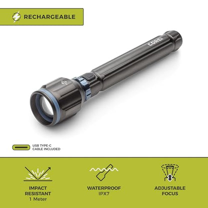 CORE 5000 Lumen Rechargeable Flashlight | LED Flashlight with 4 Modes, Adjustable Focus, Battery Indicator, Waterproof | Ideal for Home, Emergency, Camping, Hiking | USB Cable Included - size: 5000 Lumen