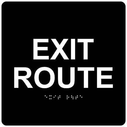 ComplianceSigns.com Exit Route Sign, ADA-Compliant Braille with Raised Letters, 6x6 in. White on Black Acrylic with Adhesive Mounting Strips, American Made Safety Signs for the Workplace