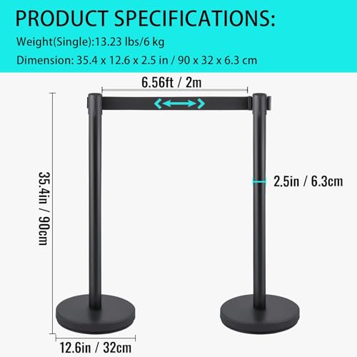 Crowd Control Stanchion Set, Professional Crowd Management Post with Retractable Belt System 6.5 Ft, Event Safety Barriers, Easy Assembly, 36 in Height, for Public Spaces, 2 PCS