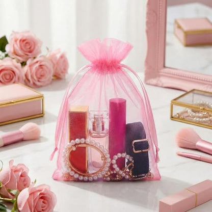 FUNFERY 100Pcs Pink Organza Bags 5x7 in,Small Mesh Drawstring Gift Bag - color: Classic Pink