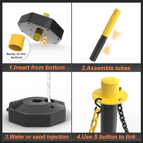 6 Pack Traffic Delineator Post Cones with Fillable Base & 5Ft Chain - color: Yellow+Black