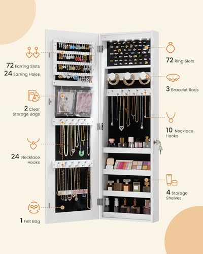 HNEBC Over the Door Organizer, Jewelry Cabinet with Lights,White - color: 21-White