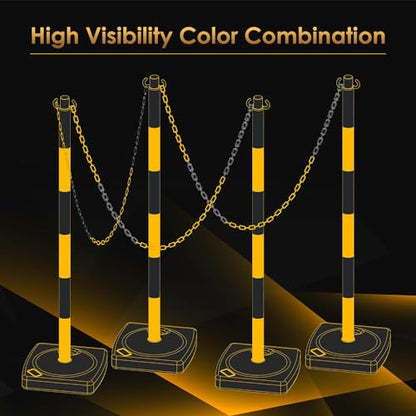 4 Pack Portable Work Zone Chain Post Set, Premium Crowd Control Stanchion Set, 3 x 20' Ft Plastic Chains, 4 x 40" inch Traffic Delineator Post Cones with Water Fillable Base (Gold Black)