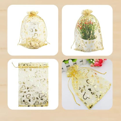 QIANHAILIZZ 100 Pack 8 x 12 Inch Drawstring Organza Bag B232, Gold Heart - color: Gold Heart