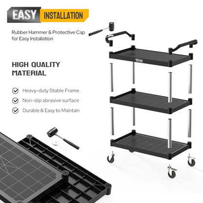 TUFFIOM Plastic Service Utility Cart with Wheels,Heavy Duty 450lbs Capacity, 3-Tier Commercial Rolling, Ideal for Restaurant, Foodservice, Office, Warehouse, Black 39.8''L x 19.1''W x 38.4''H - size: Black 39.8''L x 19.1''W x 38.4''H