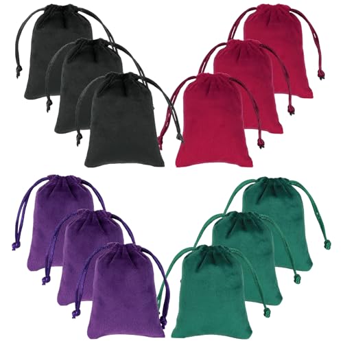 Tapleap 12Pcs Jewelry Bags, 2¾x 3½” Black, Red, Green, Purple Velvet Pouch - color: Black, Red, Green, Purple, size: 2¾ x 3½in