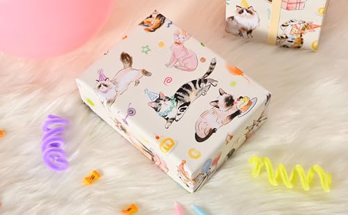 Sikiweiter Cat Birthday Wrapping Paper Roll - 17 Inches x 16.5 Feet, Fun and Colorful Cat Party Print, Perfect for Gifts and Celebrations(Cat Birthday) - color: Cat Birthday
