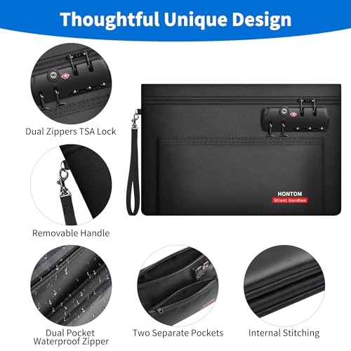Hontom Double Layer Fireproof Money Bag for Cash with Lock & Hidden Zipper - color: Black