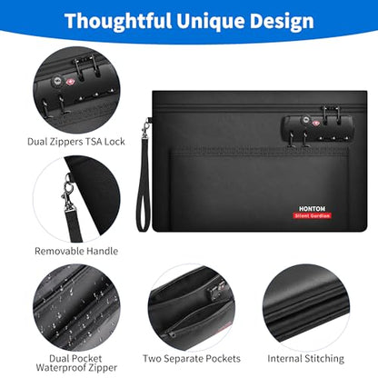 Hontom Double Layer Fireproof Money Bag for Cash with Lock & Hidden Zipper - color: Black