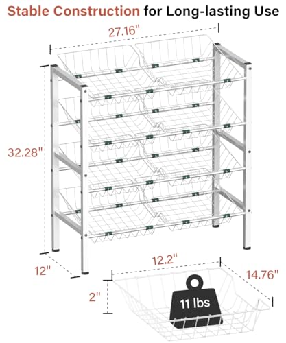 4-Tier Fruit and Vegetable Storage Rack, Freestanding Snack Stand Shelf with 8 Removable Baskets, Small Kitchen Island for Pantry Floor Organization, White