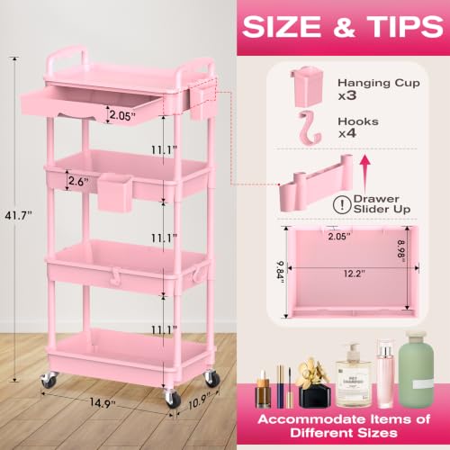 Goovilla Rolling Makeup Organizer Cart with Removable Drawer, 4 Tier Pink - color: Pink, size: 4 Tier