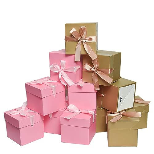 Gift Box with Lid for present, 12pcs,Collapsible, 4"×4"×4" - color: Gold & Pink, size: 4 x 4 x 4 Inch