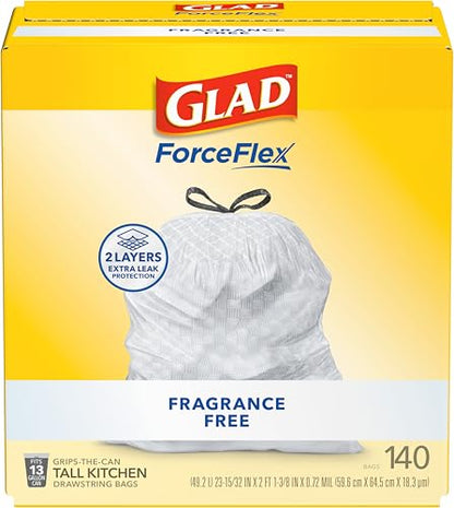 Glad ForceFlex Tall Kitchen Drawstring Trash Bags, 13 Gal, Fragrance Free, 140 Ct (Package May Vary) - size: 140 Count (Pack of 1)