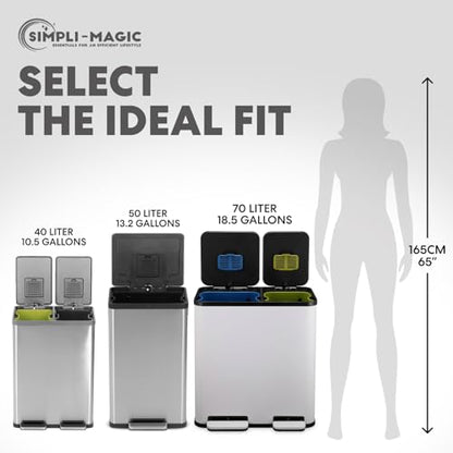 Simpli-Magic 70 Liter / 18.5 Gallon Rectangular Hands-Free Dual Compartment Recycling Kitchen Step Trash Can with Soft-Close Single Lid, Stainless Steel (40L x 30L Capacity), White - color: White, size: 70 Liter
