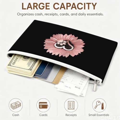 Money Bag with Zipper, Cute PU Leather Cash Bags, Portable Bank Bag Money Pouch for Cash, Coins, Checks, Receipts, Invoices Cosmetics Tools, Deposit Bag for Office Travel, Pink Sunflower - color: Pink Sunflower