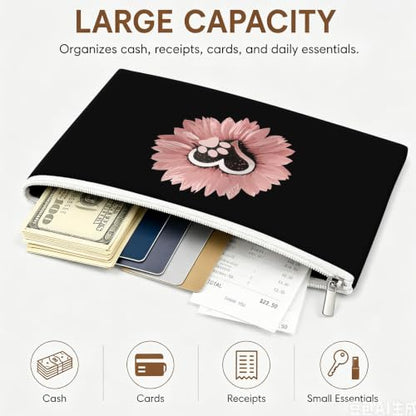 Money Bag with Zipper, Cute PU Leather Cash Bags, Portable Bank Bag Money Pouch for Cash, Coins, Checks, Receipts, Invoices Cosmetics Tools, Deposit Bag for Office Travel, Pink Sunflower - color: Pink Sunflower