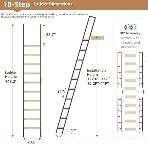 12.35FT Industrial Style Loft Ladder, 10 Steps with Black Steel Handrails & Solid Wood Steps, 450lbs Capacity, Fits 10.2-11FT Installation Height,for Attic, Kitchen, Warehouse,Bookshelf& Outdoor - size: 12.35 FT - 10Steps
