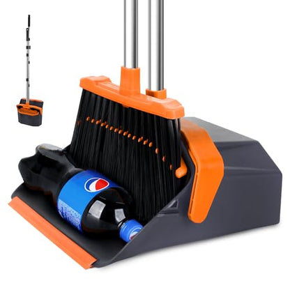 Broom and Dustpan Set for Home, 51" Long Handle Standing Pan Grey Orange - color: Orange and Grey