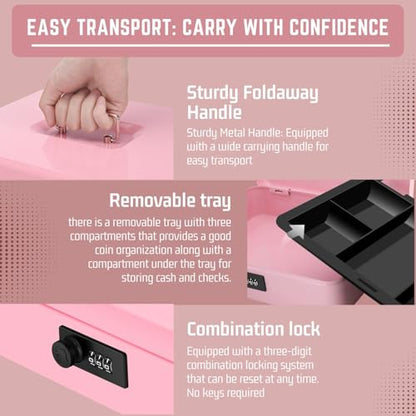 Flexzion Metal Cash Box with Combination Lock - 5-Compartment Petty Cash Box with Money Tray and Lock for Small Business - Removable Money Tray for Bills, Checks & Coins, 11.8"x 9.4"x 3.5", Pink - color: Pink