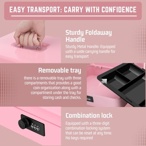 Flexzion Metal Cash Box with Combination Lock - 5-Compartment Petty Cash Box with Money Tray and Lock for Small Business - Removable Money Tray for Bills, Checks & Coins, 11.8"x 9.4"x 3.5", Pink - color: Pink
