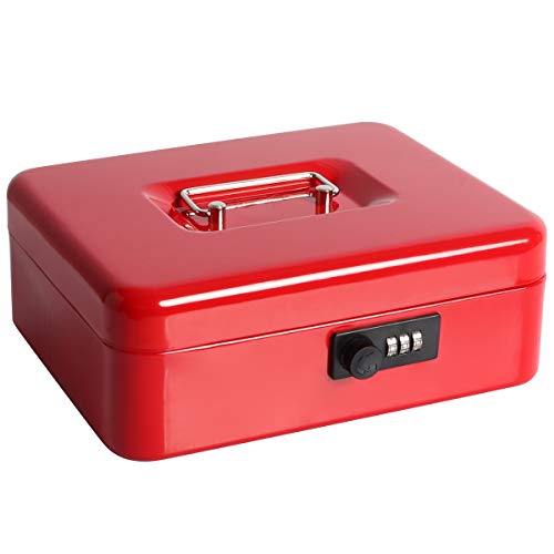 Cash Box with Money Tray, Parrency Large Money Box with Combination Lock, 9.8 x 7.9 x 3.5 inches, Red - color: Combo Red, size: Large（9.84")