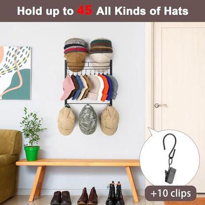 Hat Rack, Metal 3-Tier Wall Organizer Holds Up to 45 Caps with 10 Clips - color: Black-10 Clips 3-Tier