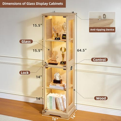 LELELINKY Farmhouse Narrow Glass Display Cabinet with Doors & Lock, Natural - color: Natural, size: 1 Pack