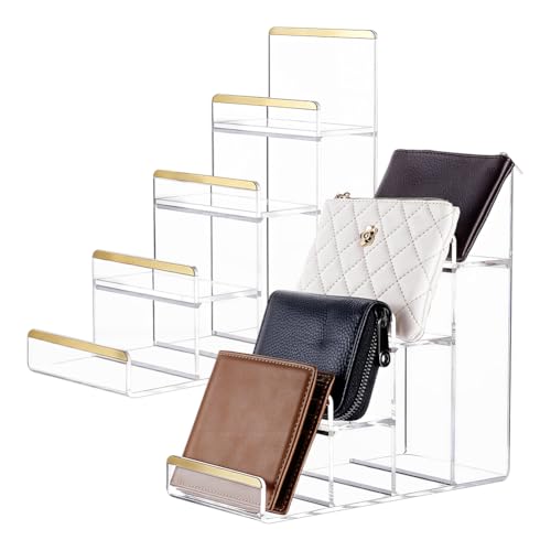 UNICRAFTALE 2Pcs 4-Tier Acrylic Purse Stand Gold Edged Clear Minifigures Display Riser Clear Handbag Display Perfume Jewelry Organizer Holder for Vanity Closet Retail Showcases 4.3x8.6x8.78in - size: 4.33x8.66x8.78in