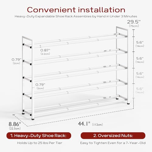 Bumusty 5 Tier Long Expandable Shoe Rack for Closet, White - color: White, size: 5-tier