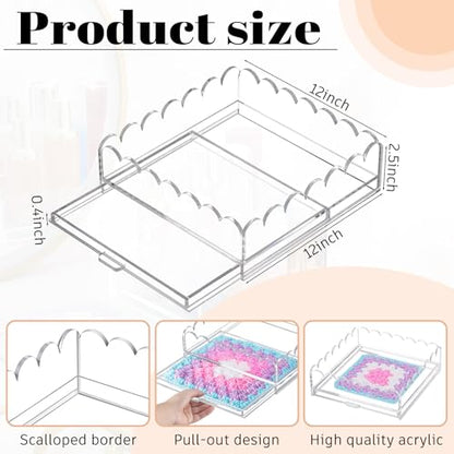 GlikCeil 1 Pcs 12" x 12" Acrylic Scalloped Tray Large Clear Acrylic Tray with Drawer for Insert Customizable Photos, Art, and Fabric Scalloped Basket for Needlepoint Napkin Frame Display Messages - size: 12" X 12"