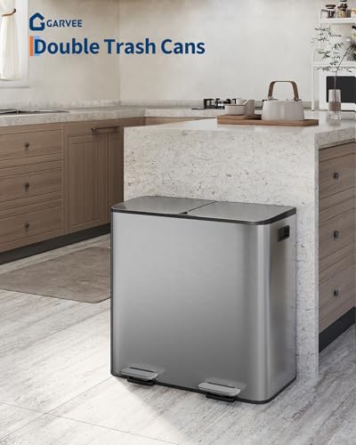 GarveeHome 2 x 10.6 gal Stainless Steel Double Trash Can with Lid for Kitchen, Large Dual Trash and Recycle Bin Combo, Step-on Kitchen Metal Garbage Cans, PP Inner Buckets, Liner Rim, Matte Grey - color: Matte Grey, size: 2 x 10.6 gallon