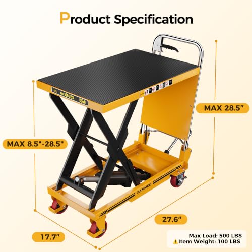 CAMMOO Hydraulic Lift Table Cart, 500 lb Foldable Scissor Lift, Yellow - size: 500lbs Yellow