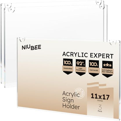 NIUBEE Acrylic Sign Holder 11x17 Horizontal 3 Packs - size: Horizontal 3 Pack 11" x 17"