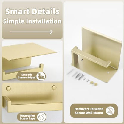 APLusee Brushed Gold Toilet Paper Holder with Shelf, 304 Stainless Steel Wall Mount Tissue Roll Holder for Bathroom - color: Brushed Gold, size: Single Rod