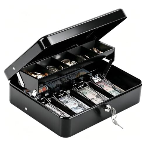 KYODOLED Cash Box with Money Tray and Key Lock, 1mm Thick Metal Cash Drawer - color: Black