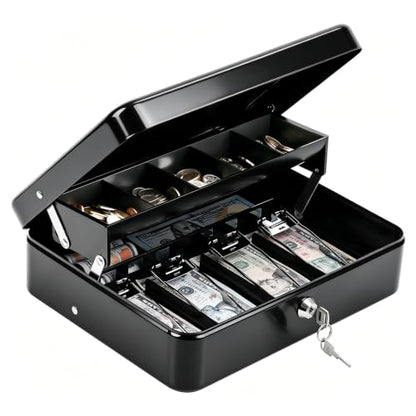 KYODOLED Cash Box with Money Tray and Key Lock, 1mm Thick Metal Cash Drawer - color: Black